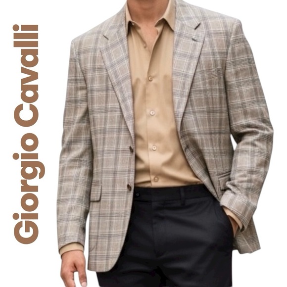 Giorgio Cavalli Sport Blazer Tan Plaid Wool & Silk Single Breast Made/Italy 44
